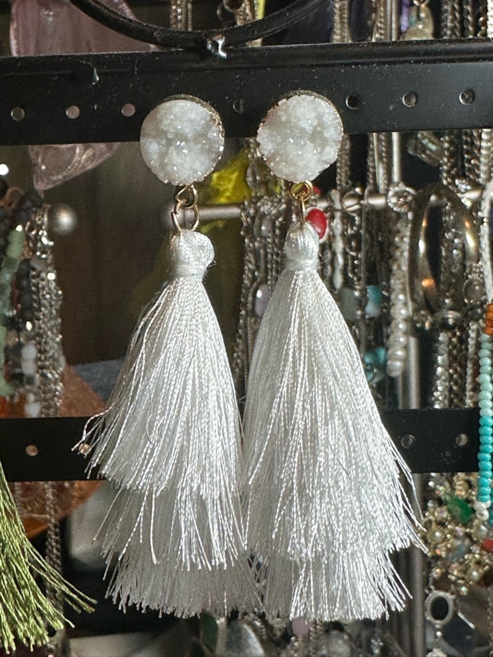 White Tassel Druzy Drop Earrings - Women's Jewelry